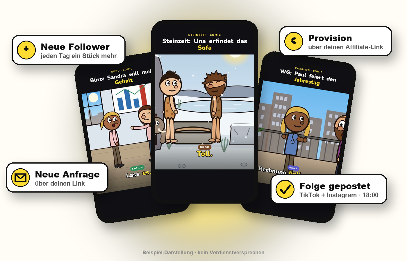 Drei Handys mit Toonvatar-Folgen, dazu Meldungen: neue Follower, Provision, neue Anfrage, Folge gepostet